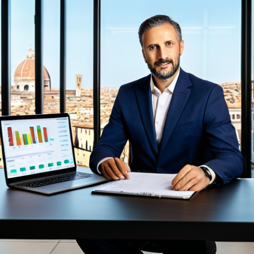 Home 14 A focused, professional Italian marketing strategist, in their late 30s, wearing a modest, elegant business suit. They are seated at a sleek, minimalist desk in a modern, sunlit office overlooking a bustling Italian city street. On the large monitor, a clear display of social media sentiment analysis graphs, review platforms, and online conversations, with visible Italian text snippets like "Recensioni positive" and "Ascolto attivo". A tablet with similar data is on the desk. Professional studio lighting, high-resolution photography, corporate style, clean aesthetic. fully clothed, appropriate attire, safe for work, perfect anatomy, correct proportions, natural pose, well-formed hands, proper finger count, natural body proportions, professional dress, appropriate content.