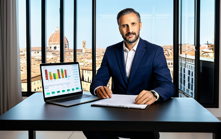 A focused, professional Italian marketing strategist, in their late 30s, wearing a modest, elegant business suit. They are seated at a sleek, minimalist desk in a modern, sunlit office overlooking a bustling Italian city street. On the large monitor, a clear display of social media sentiment analysis graphs, review platforms, and online conversations, with visible Italian text snippets like "Recensioni positive" and "Ascolto attivo". A tablet with similar data is on the desk. Professional studio lighting, high-resolution photography, corporate style, clean aesthetic. fully clothed, appropriate attire, safe for work, perfect anatomy, correct proportions, natural pose, well-formed hands, proper finger count, natural body proportions, professional dress, appropriate content.