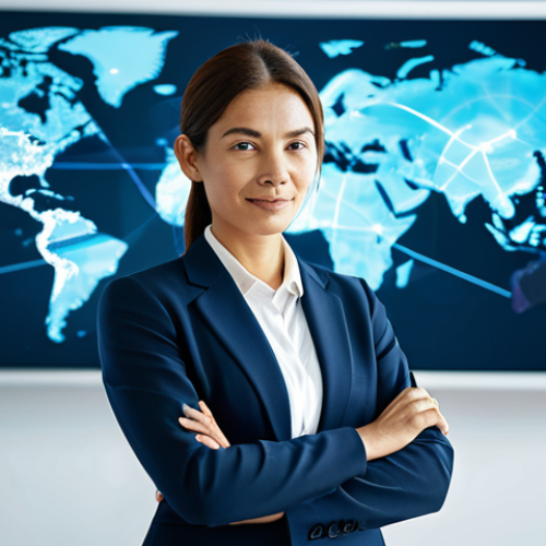 A professional female executive, fully clothed in a modest business suit, standing in a modern, brightly lit global communication hub. She is looking at a holographic display showing interconnected lines representing different languages and cultural symbols, subtly transforming from one to another. Her pose is natural, conveying focus and expertise. The background features blurred world map projections and subtle digital interfaces, suggesting international connectivity. The lighting is soft and professional, highlighting attention to detail and innovation. Perfect anatomy, correct proportions, well-formed hands, proper finger count, natural body proportions. Safe for work, appropriate content, fully clothed, professional, family-friendly. High-quality professional photography, digital art style.