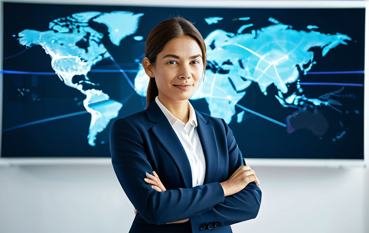 A professional female executive, fully clothed in a modest business suit, standing in a modern, brightly lit global communication hub. She is looking at a holographic display showing interconnected lines representing different languages and cultural symbols, subtly transforming from one to another. Her pose is natural, conveying focus and expertise. The background features blurred world map projections and subtle digital interfaces, suggesting international connectivity. The lighting is soft and professional, highlighting attention to detail and innovation. Perfect anatomy, correct proportions, well-formed hands, proper finger count, natural body proportions. Safe for work, appropriate content, fully clothed, professional, family-friendly. High-quality professional photography, digital art style.