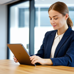 A serene businesswoman in a modest, professional blazer and blouse, comfortably seated at a sleek wooden table in a bright, modern co-working space. She is gently interacting with a tablet displaying a clean, intuitive user interface with elegant, minimalist design elements. Her expression is calm and confident, reflecting a sense of ease and trust with the digital brand. The background is softly blurred, showing ambient lighting and contemporary office decor. The overall image conveys a feeling of seamless user experience and reliability. fully clothed, appropriate attire, modest clothing, safe for work, appropriate content, perfect anatomy, correct proportions, natural pose, well-formed hands, proper finger count, natural body proportions, professional photography, high quality, family-friendly.