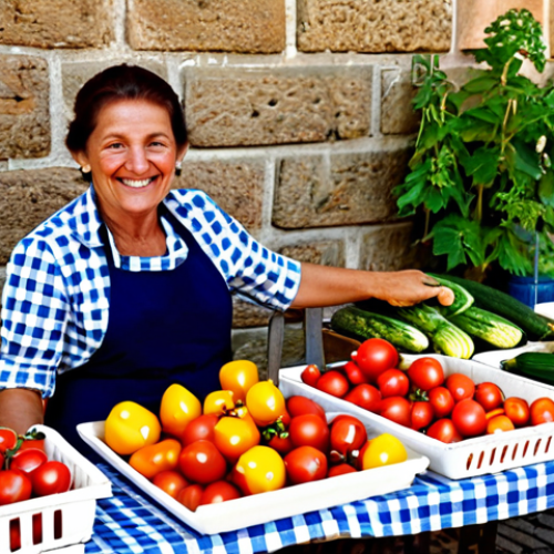 Home 22 **
A bustling farmers market in Tuscany, Italy. A vendor in a checkered shirt and apron smiles warmly as she arranges colorful produce - tomatoes, peppers, zucchini - on her stall. Background features cobblestone streets, stone buildings, and other vendors with their wares. Morning light, natural colors, professional photography, safe for work, appropriate content, fully clothed, family-friendly, perfect anatomy, correct proportions, natural pose, well-formed hands, proper finger count.
**
