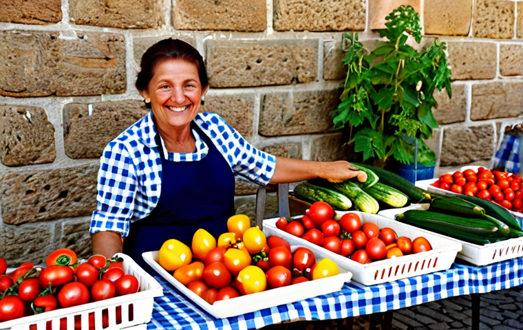 **
A bustling farmers market in Tuscany, Italy. A vendor in a checkered shirt and apron smiles warmly as she arranges colorful produce - tomatoes, peppers, zucchini - on her stall. Background features cobblestone streets, stone buildings, and other vendors with their wares. Morning light, natural colors, professional photography, safe for work, appropriate content, fully clothed, family-friendly, perfect anatomy, correct proportions, natural pose, well-formed hands, proper finger count.
**