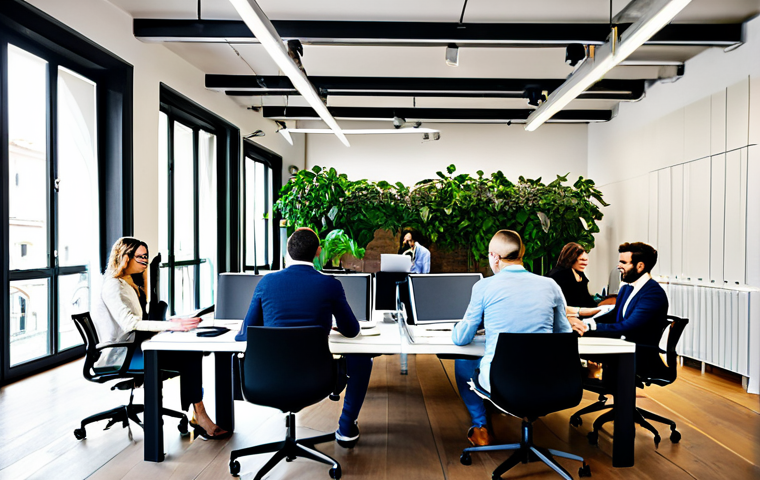 **
"A vibrant co-working space in Milan, Italy. A diverse group of professionals are collaborating on laptops and tablets, fully clothed in business casual attire, safe for work, appropriate content. The scene should capture a modern and productive atmosphere, with plenty of natural light, stylish furniture, and indoor plants. perfect anatomy, natural proportions, professional, modest, family-friendly"
**